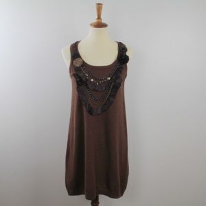 Nanette Lepore Brown Wool Silk Chain Embellished Sweater Knit Mini Dress M